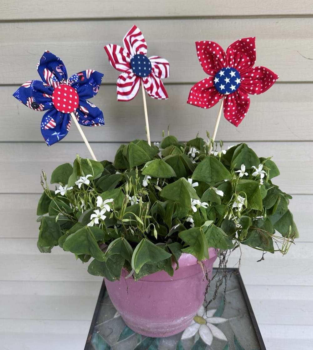 Set of 3 Patriotic Fabric Flower Spikes Decor Handmade Red White Blue